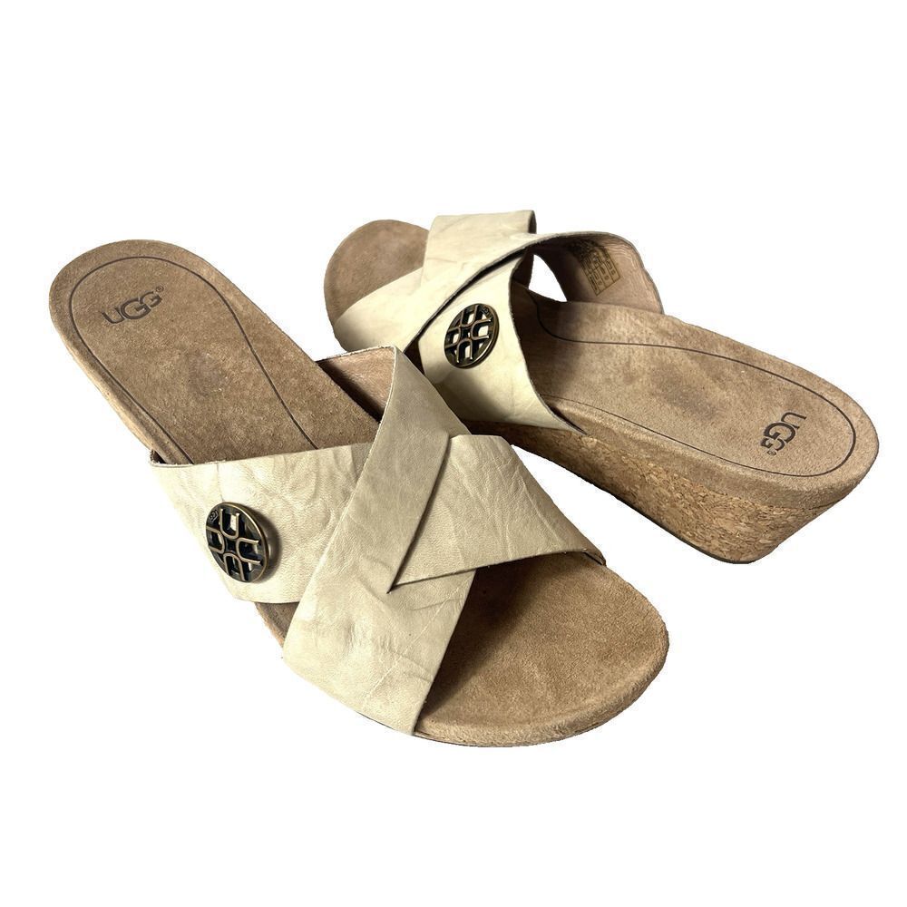 Ugg Women's 9 Beige Leather Cross Slide Cork Wedge Summer Casual Sandals Slip On
